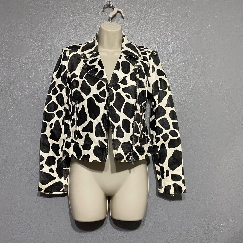 L'Agence Alt Ryder Giraffe Print Leather Moto Jacket Black Ivory NWT XS